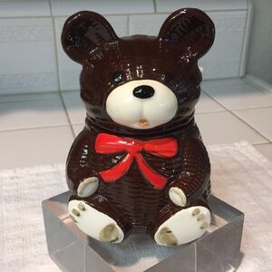 Charming Hand-Painted Brown Honey Bear Ceramic Figurine, Red Bow & Honey Spoon